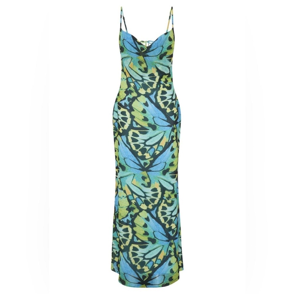 Meshki Blue Green Printed Backless Maxi Dress - Picture 3 of 12